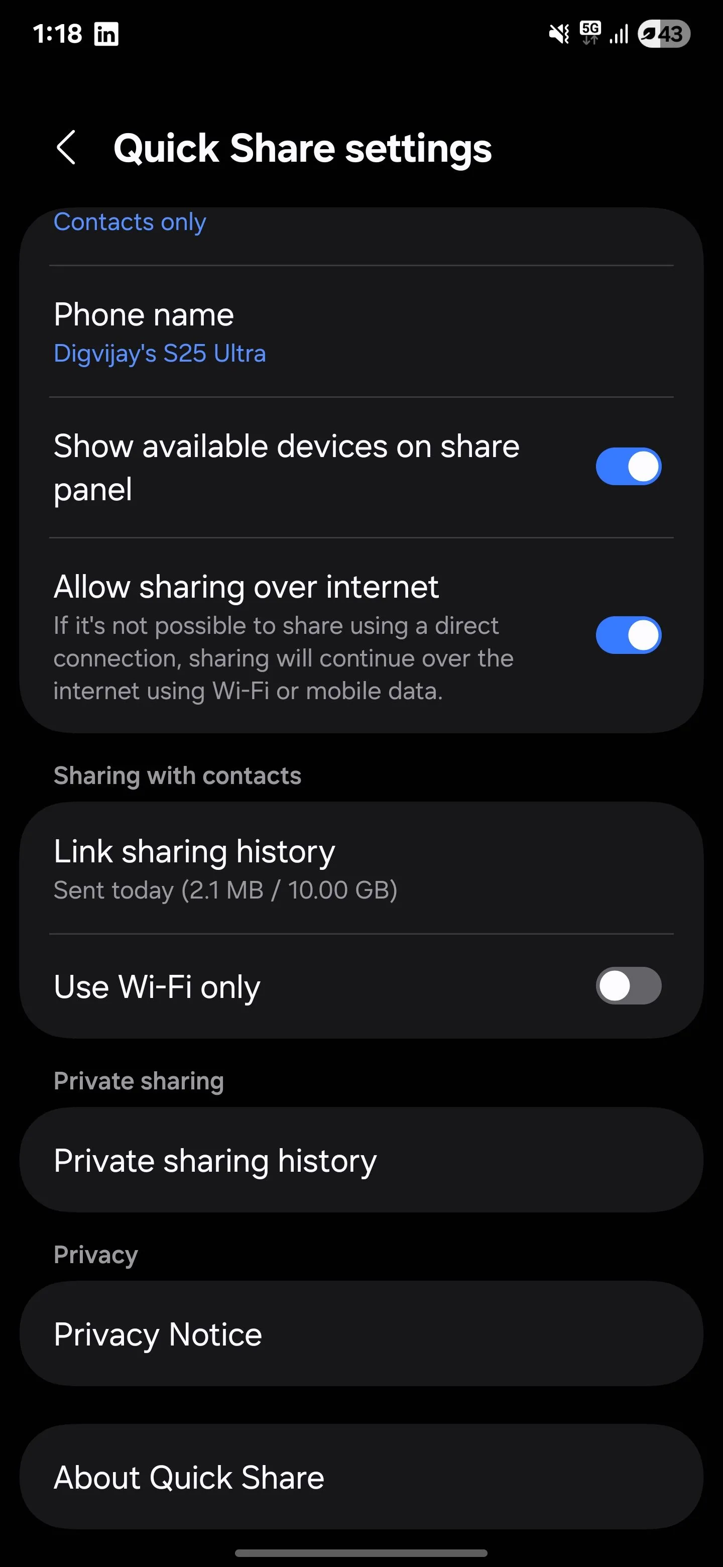 Giao diện cài đặt Quick Share Samsung, hiển thị các tùy chọn chia sẻ nhanh