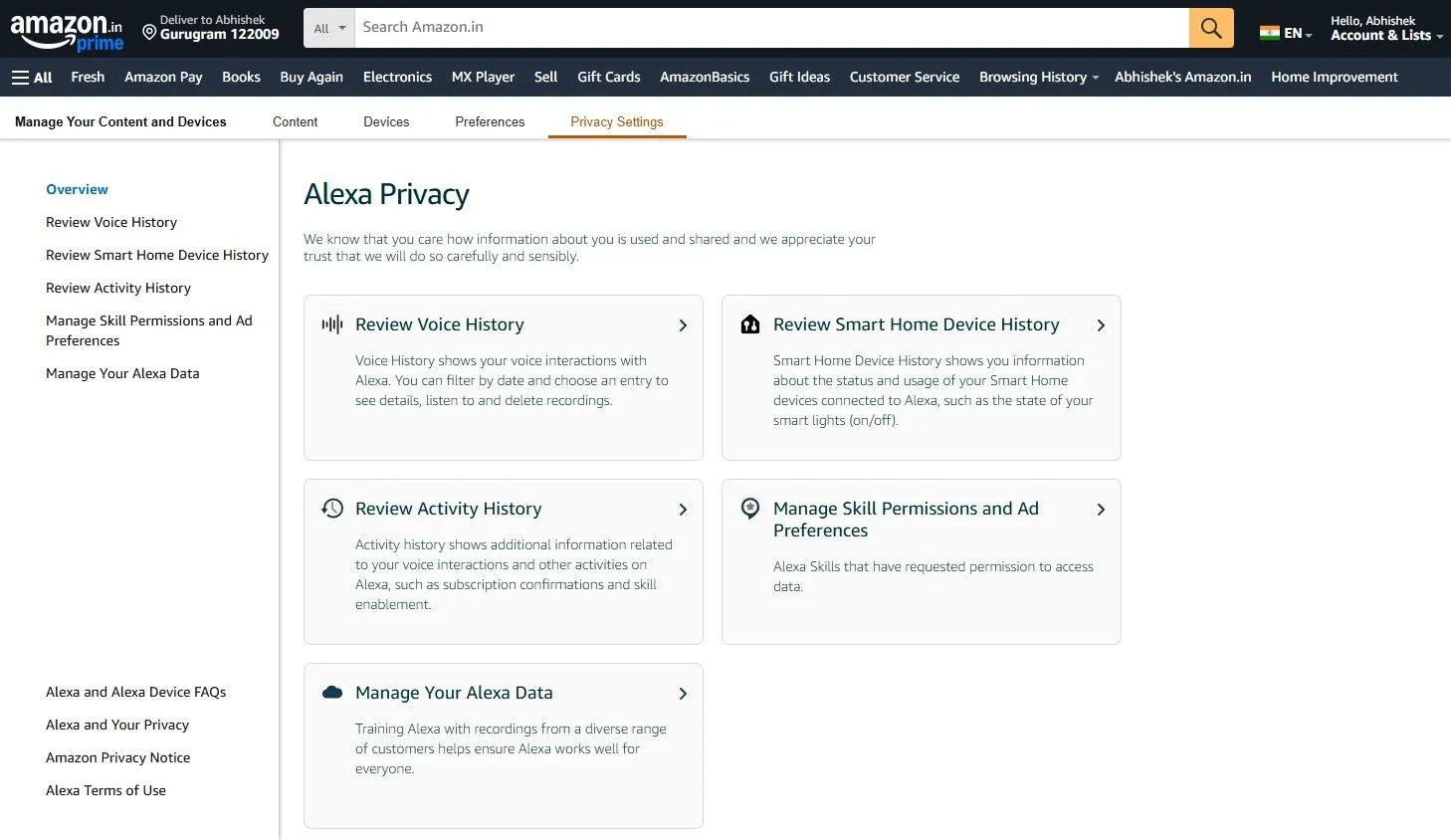 Giao diện cài đặt quyền riêng tư Alexa trên Amazon, hiển thị tùy chọn quản lý dữ liệu giọng nói.