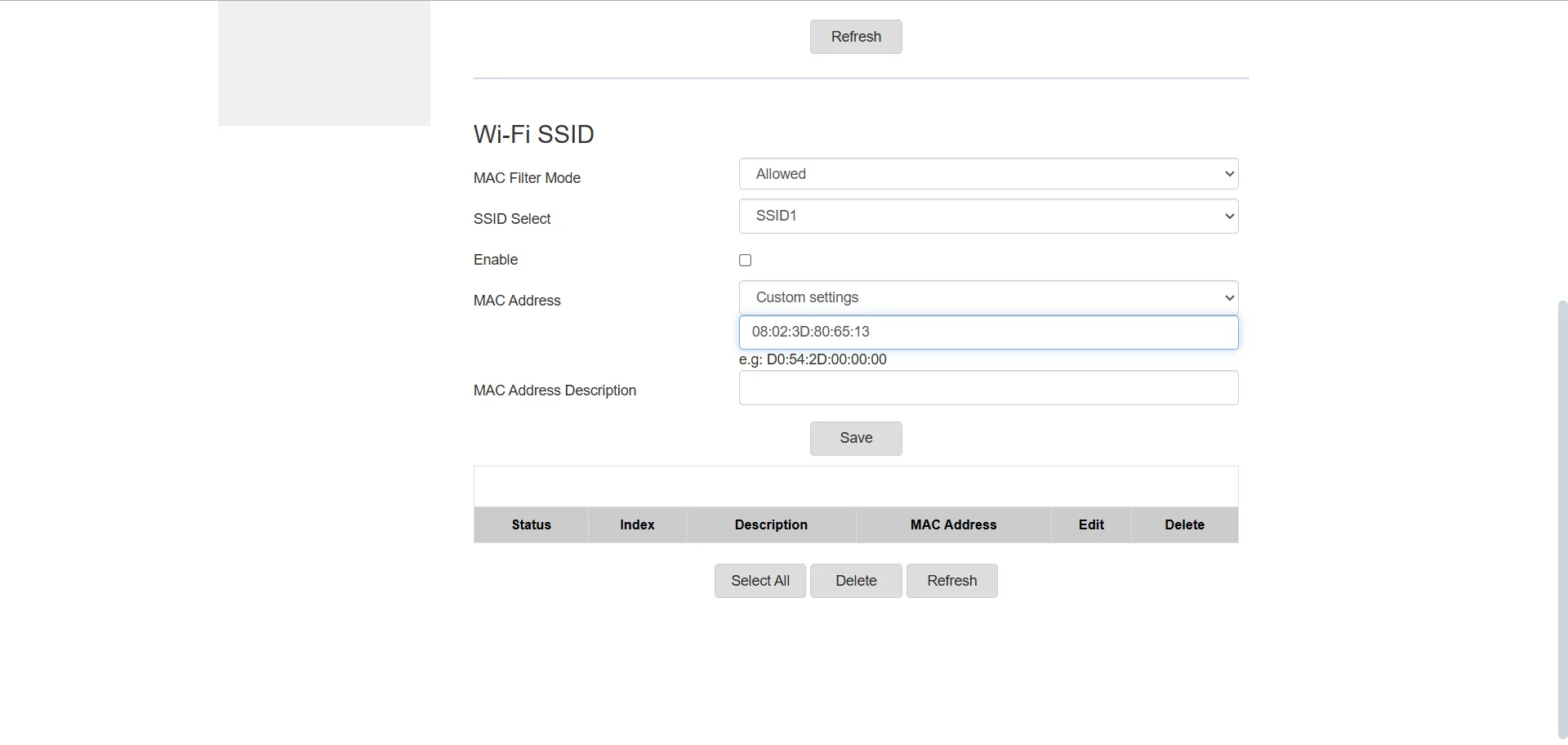 Giao diện cài đặt router cho phép thêm địa chỉ MAC vào danh sách thiết bị được phép truy cập