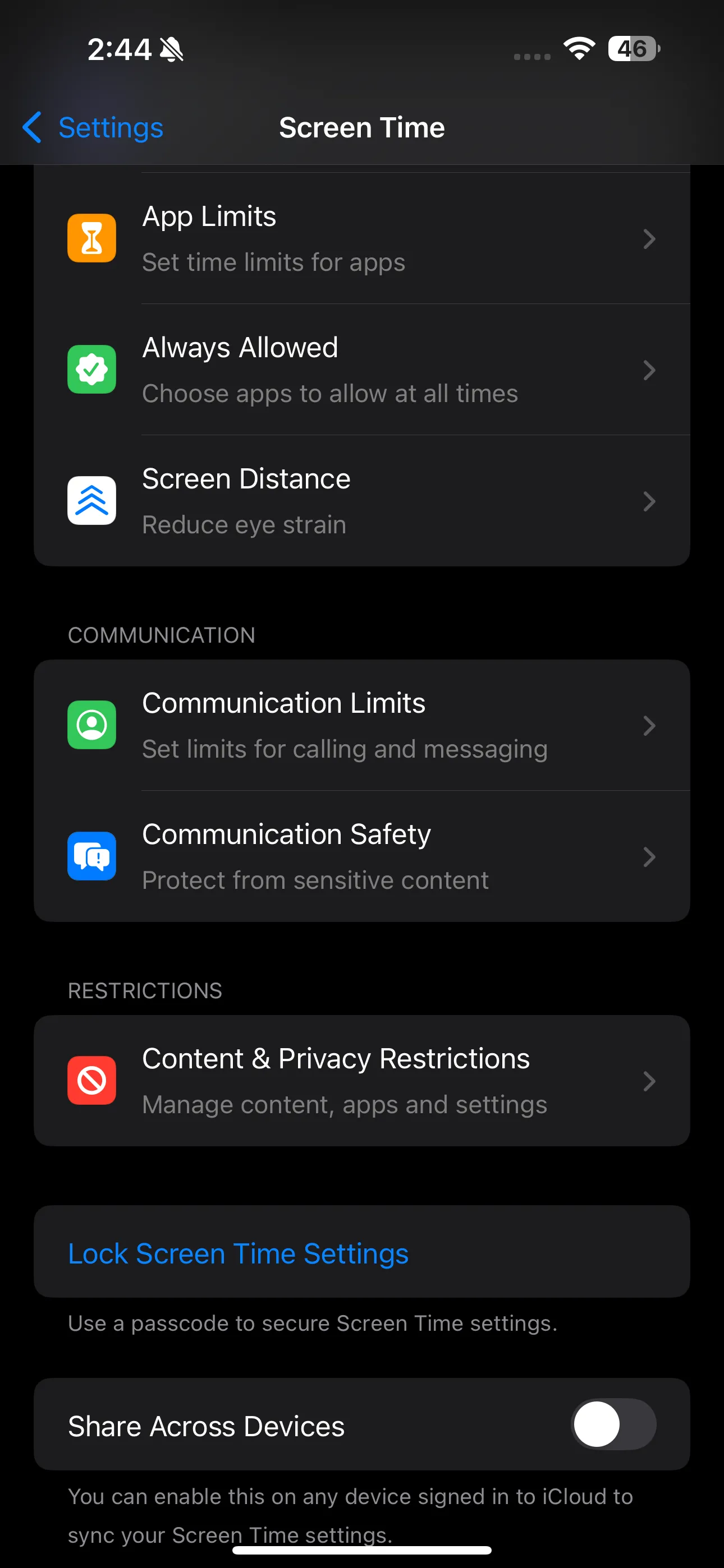 Giao diện cài đặt Screen Time trên iPhone hiển thị các tùy chọn quản lý thời gian sử dụng thiết bị