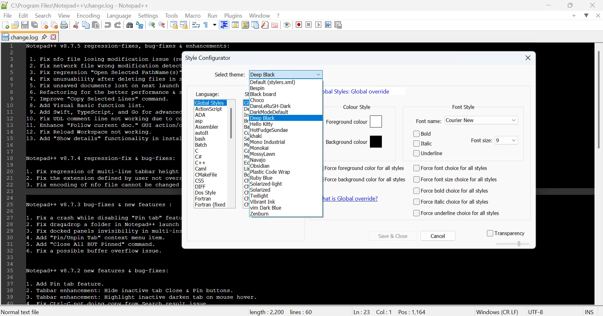 Giao diện cài đặt Style Configurator trong Notepad++ với chế độ tối đã bật
