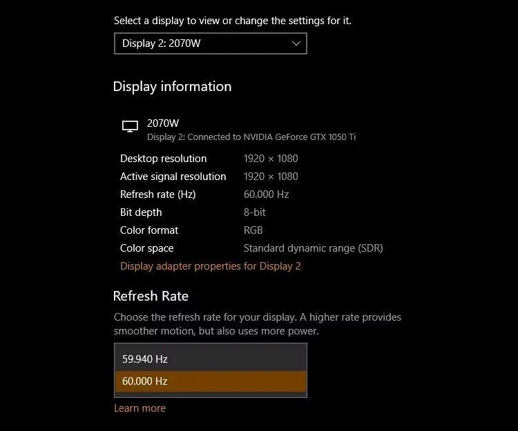 Giao diện cài đặt thay đổi tần số quét màn hình trên hệ điều hành Windows 10