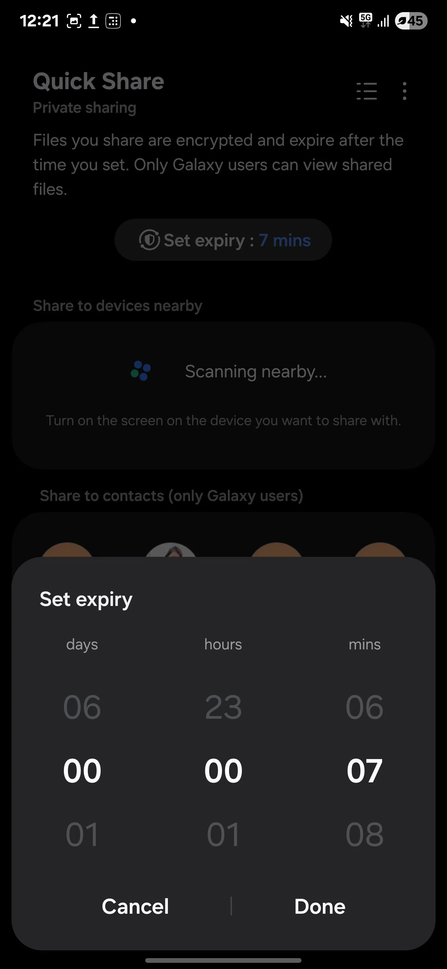Giao diện cài đặt thời gian tự hủy cho file khi sử dụng Private Sharing của Samsung