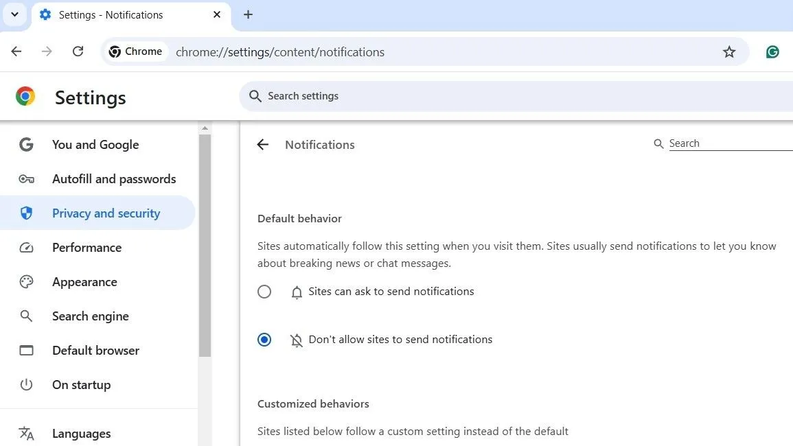 Giao diện cài đặt thông báo trình duyệt Google Chrome, hiển thị tùy chọn chặn các trang web gửi thông báo