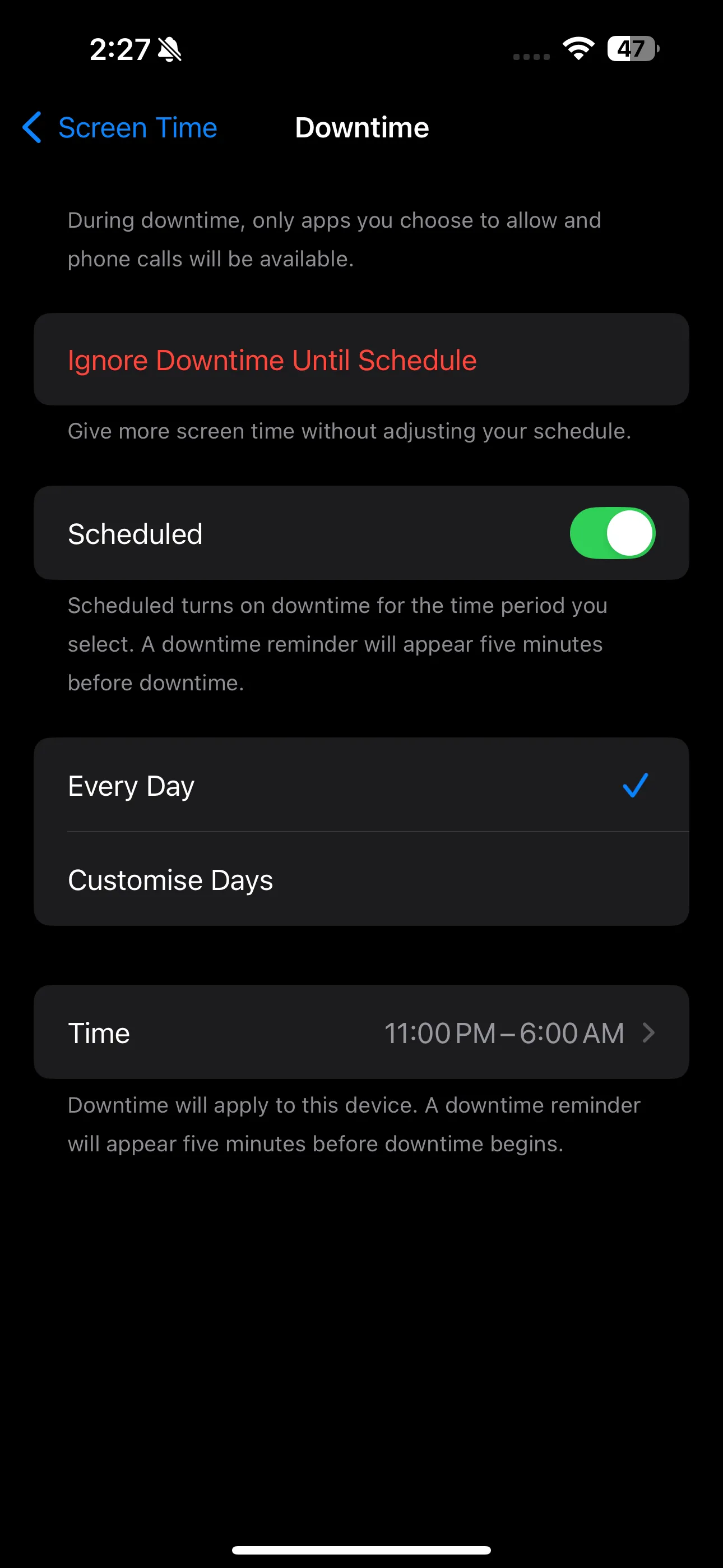 Giao diện cài đặt tính năng Downtime trên iPhone, hiển thị các tùy chọn lịch trình và thời gian kích hoạt