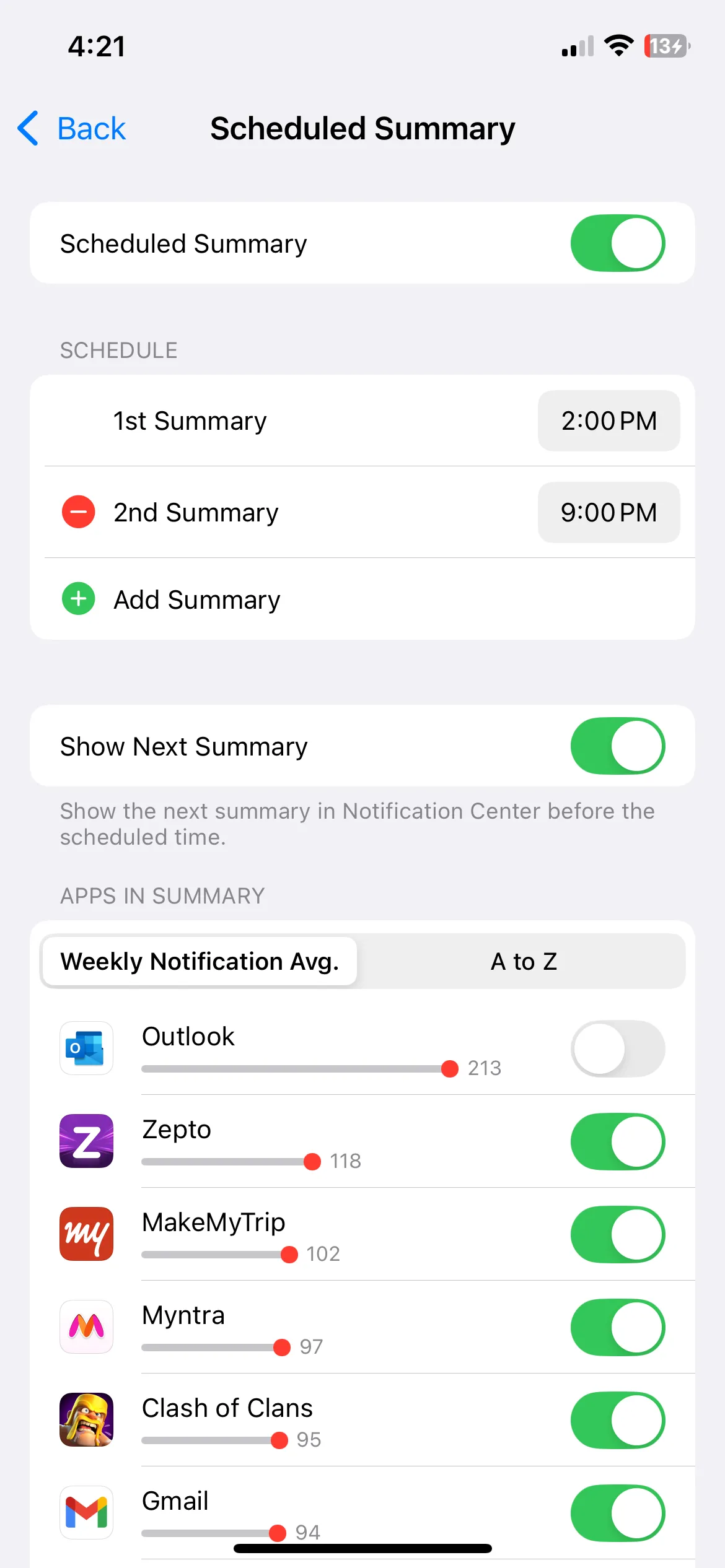 Giao diện cài đặt Tóm tắt theo lịch trình trong phần Thông báo của iPhone