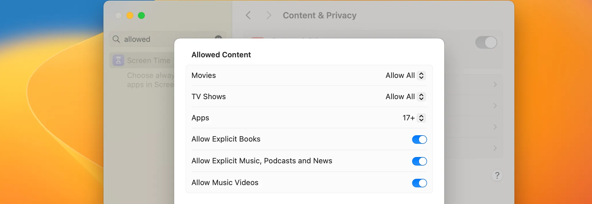 Giao diện cài đặt trên macOS cho phép tắt tùy chọn 'Allow Explicit Music, Podcasts and News' trong Apple Music