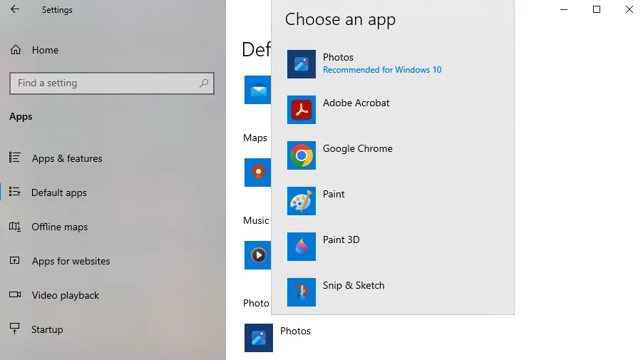 Giao diện cài đặt ứng dụng mặc định trên Windows 10, minh họa sự đơn giản khi thiết lập ứng dụng cho từng loại tệp.