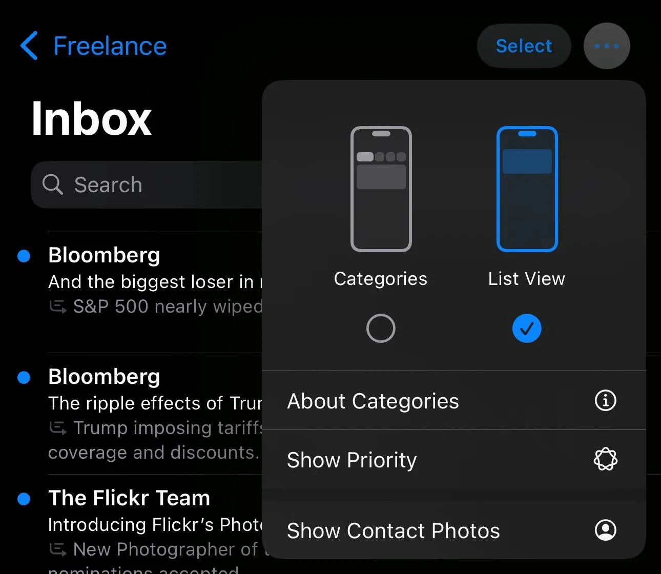 Giao diện cài đặt ứng dụng Mail trên iOS 18.5 beta 1 hiển thị các tùy chọn 'Hiển thị ảnh liên hệ', 'Ưu tiên' và hơn thế nữa