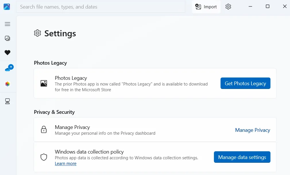 Giao diện cài đặt ứng dụng Photos trên Windows 11, hiển thị tùy chọn 'Get Photos Legacy'