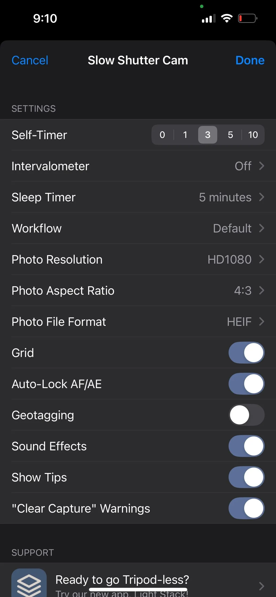 Giao diện cài đặt ứng dụng Slow Shutter Cam trên iPhone