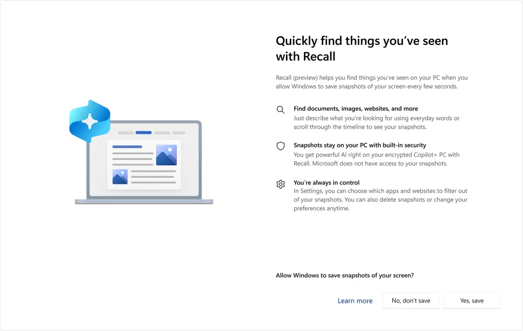 Giao diện cài đặt và tùy chọn cho tính năng Microsoft Recall trên Windows.
