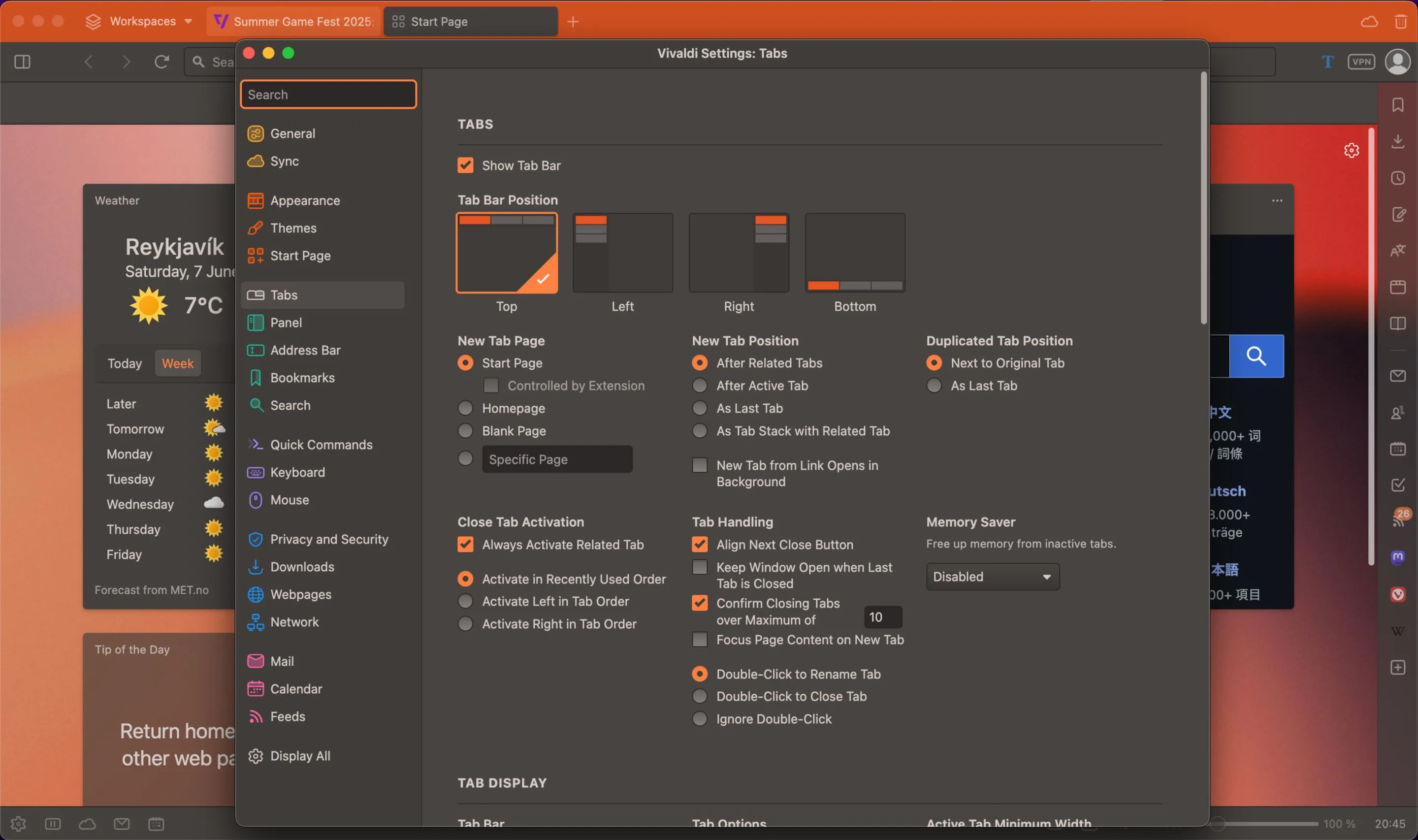 Giao diện cài đặt Vivaldi hiển thị các tùy chọn Tab Settings chi tiết