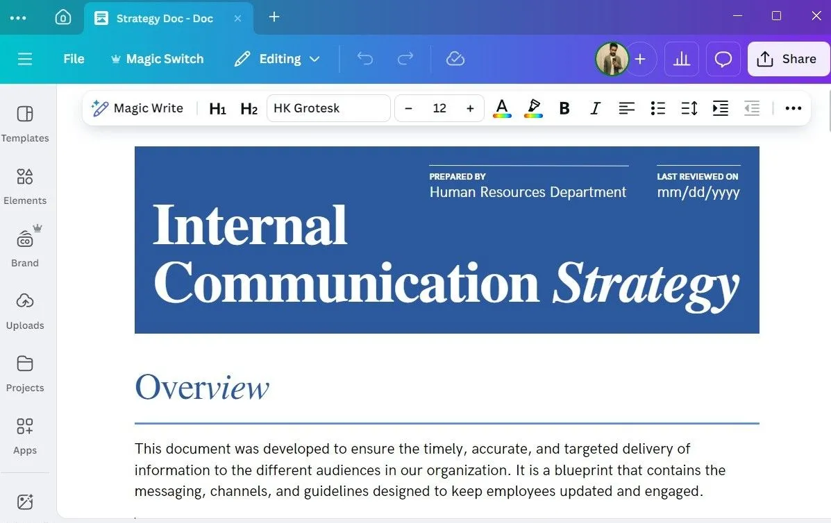 Giao diện Canva Docs trên máy tính hiển thị tài liệu mẫu với các yếu tố thiết kế
