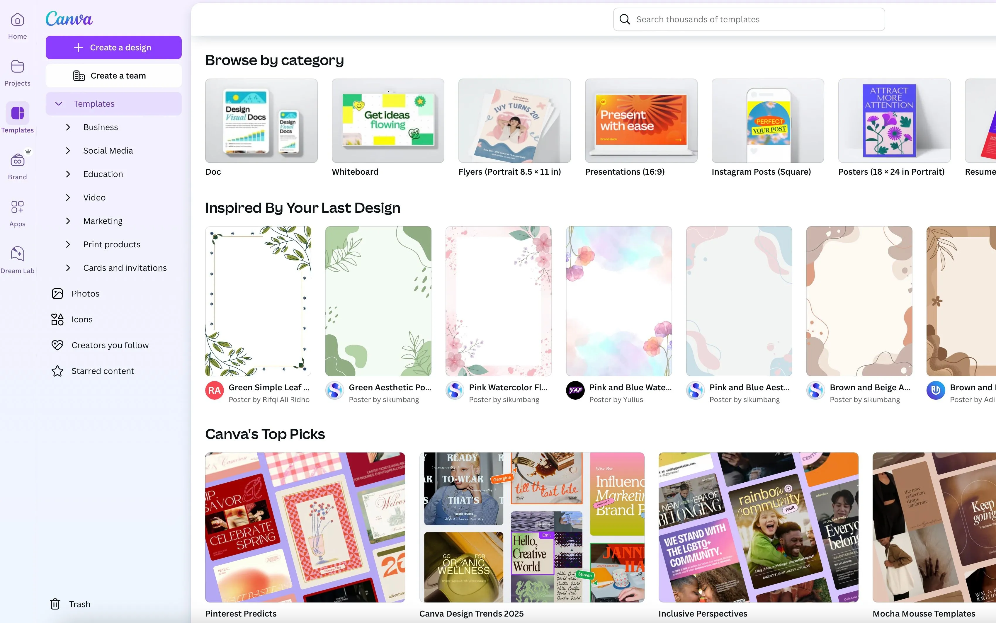 Giao diện Canva hiển thị hàng loạt mẫu template thiết kế