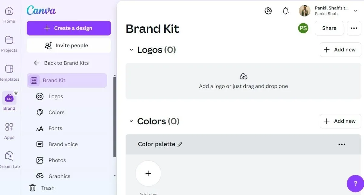 Giao diện Canva trên máy tính với tab &quot;Brand Kit&quot; (Bộ Nhận diện Thương hiệu) đang mở, hiển thị các tùy chỉnh màu sắc, font chữ và logo.