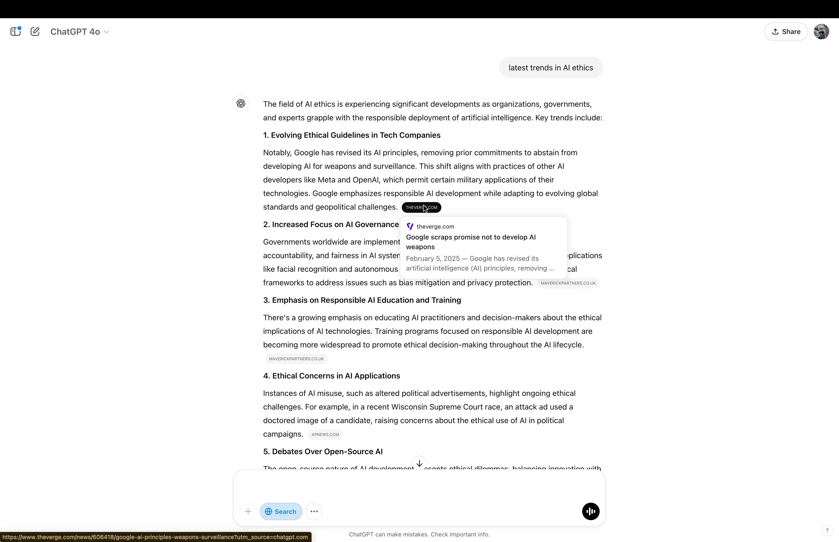 Giao diện ChatGPT hiển thị kết quả tìm kiếm với các trích dẫn nguồn