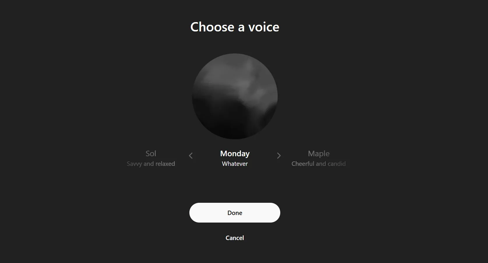 Giao diện ChatGPT với chế độ thoại được cải tiến, bao gồm tùy chọn Monday Voice Mode