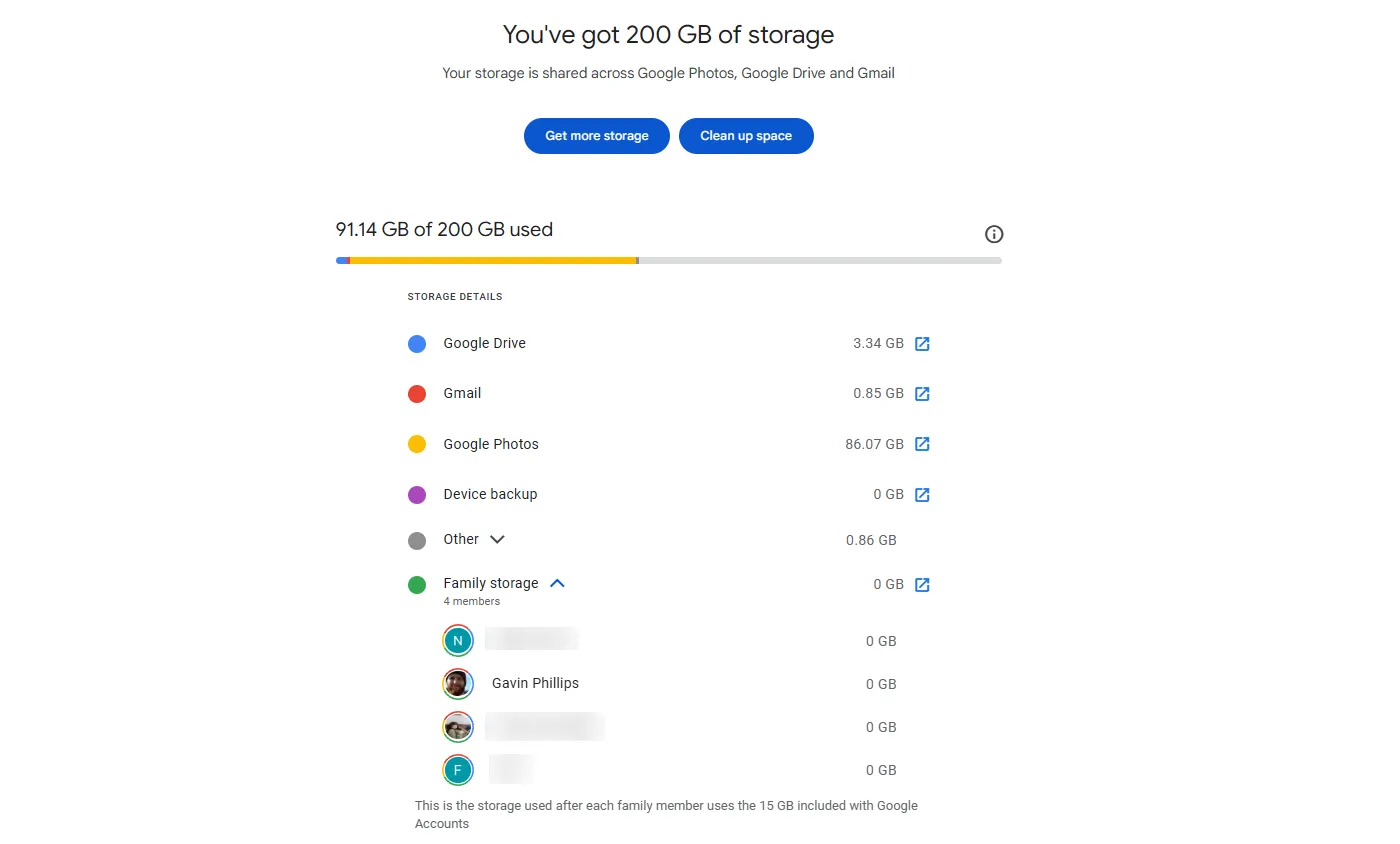 Giao diện chi tiết quản lý dung lượng Google One hiển thị phân bổ dữ liệu theo loại tệp.