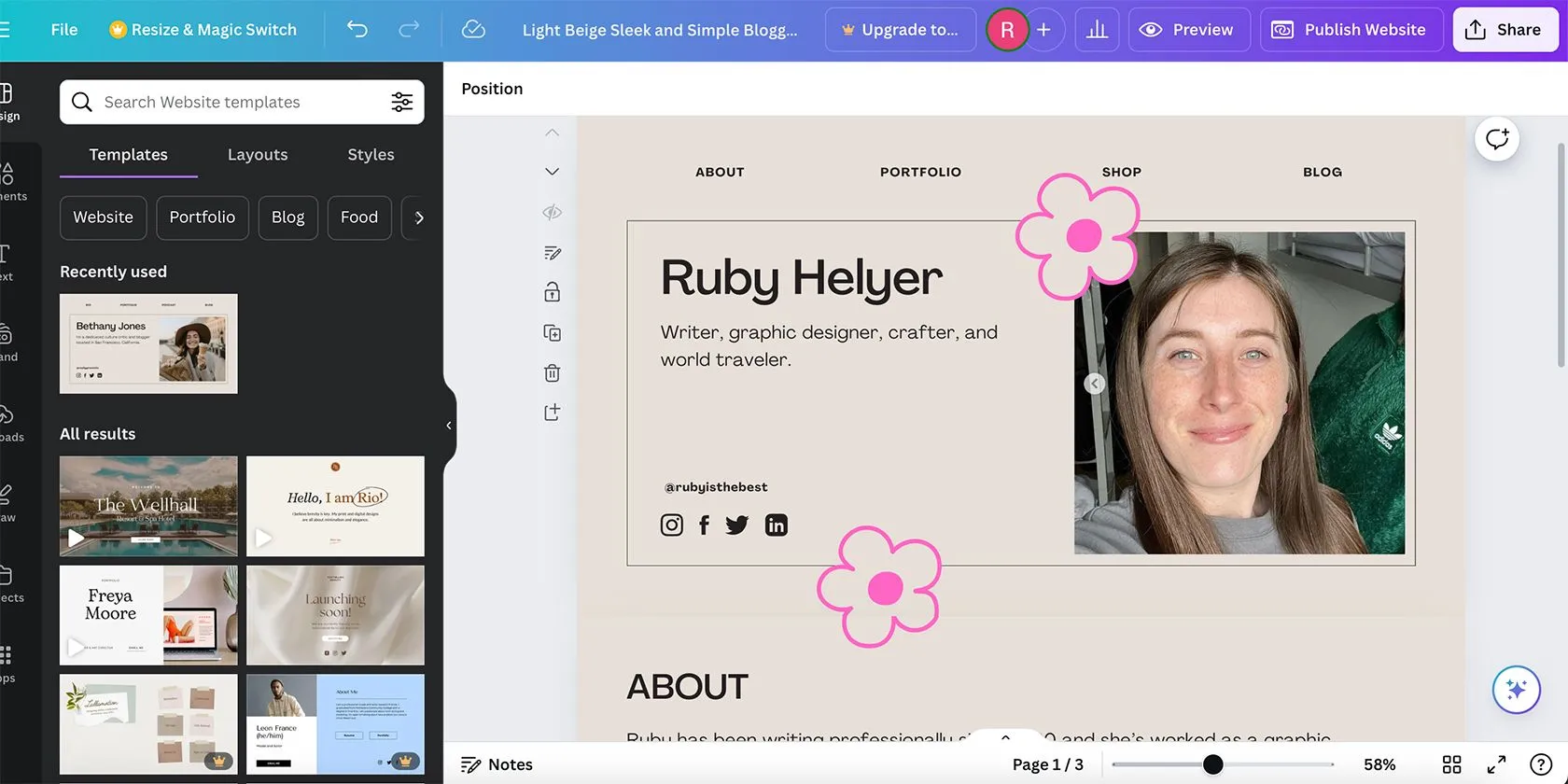 Giao diện chính của công cụ thiết kế website Canva với các tùy chọn kéo thả