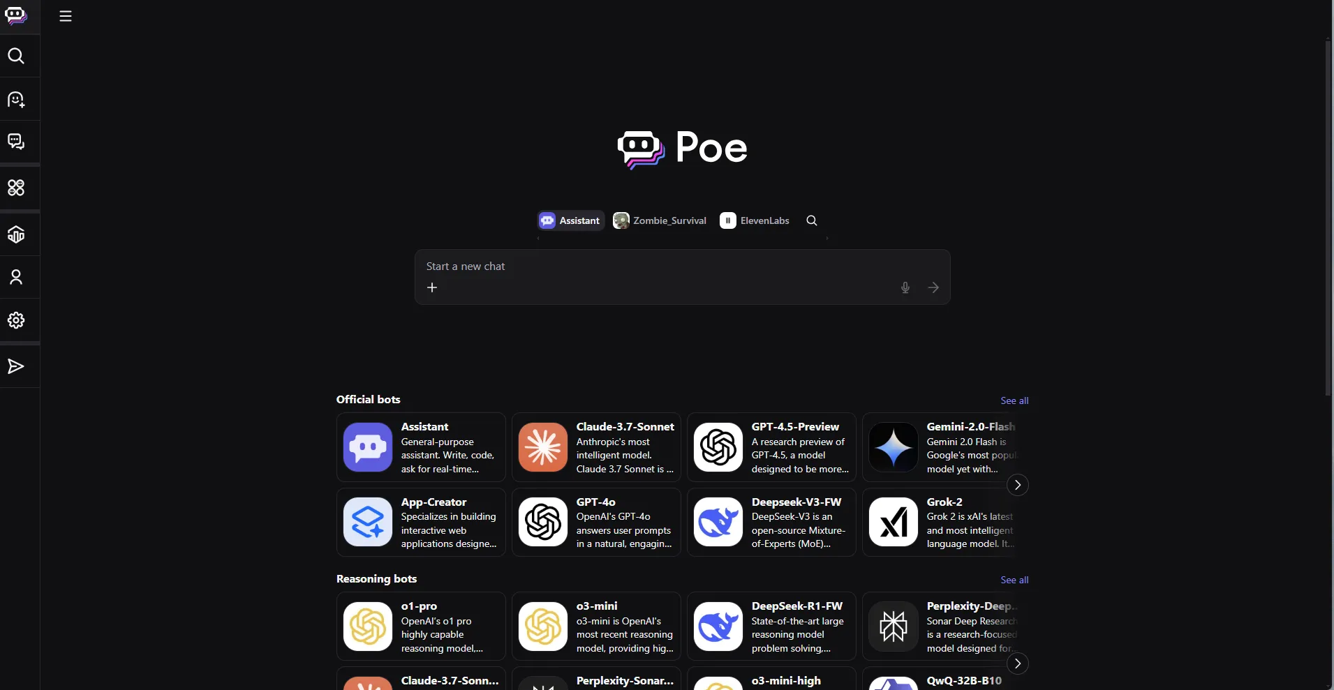Giao diện chính của nền tảng AI chatbot Poe trên máy tính