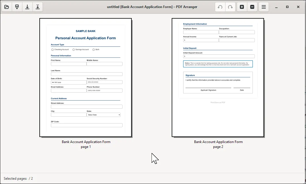 Giao diện chính của PDF Arranger hiển thị nhiều trang PDF dưới dạng hình thu nhỏ