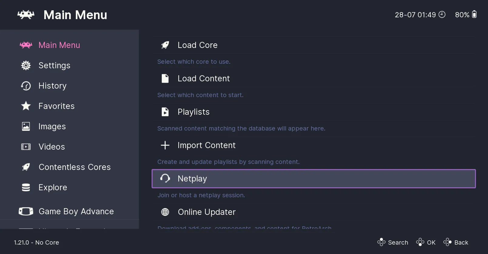 Giao diện chính của RetroArch với các tùy chọn quan trọng như Load Core (Tải Core), Load Content (Tải Nội dung) và các cài đặt khác, minh họa bước đầu thiết lập giả lập game.