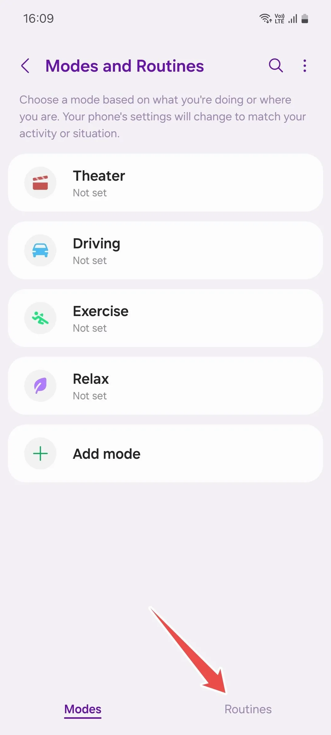 Giao diện chính của Samsung Modes and Routines trên điện thoại Galaxy