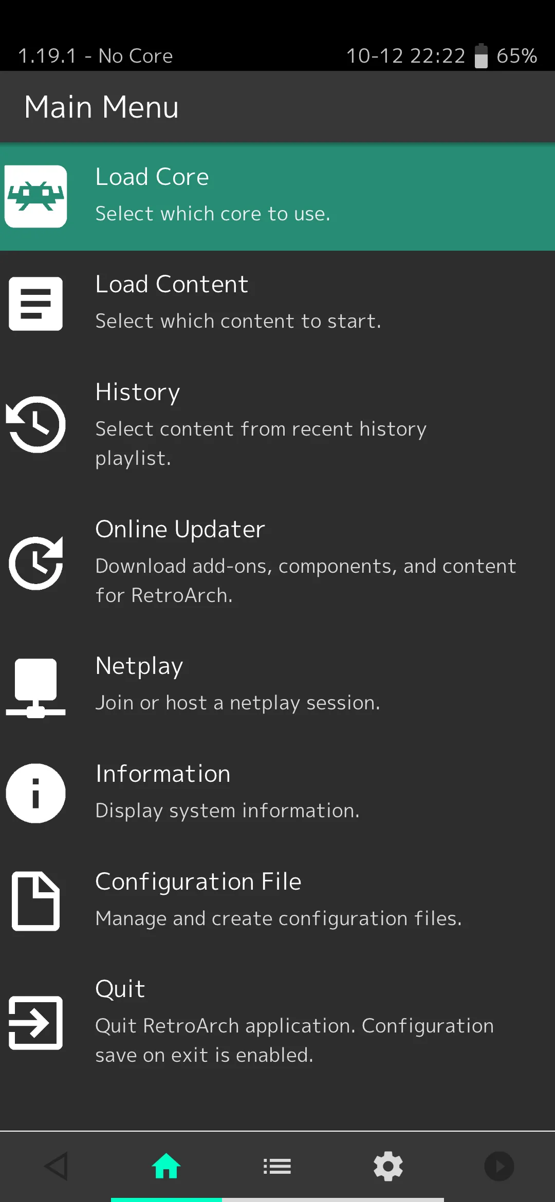 Giao diện chính của ứng dụng giả lập RetroArch trên Android, hiển thị các tùy chọn như Tải Core và Tải Nội dung.