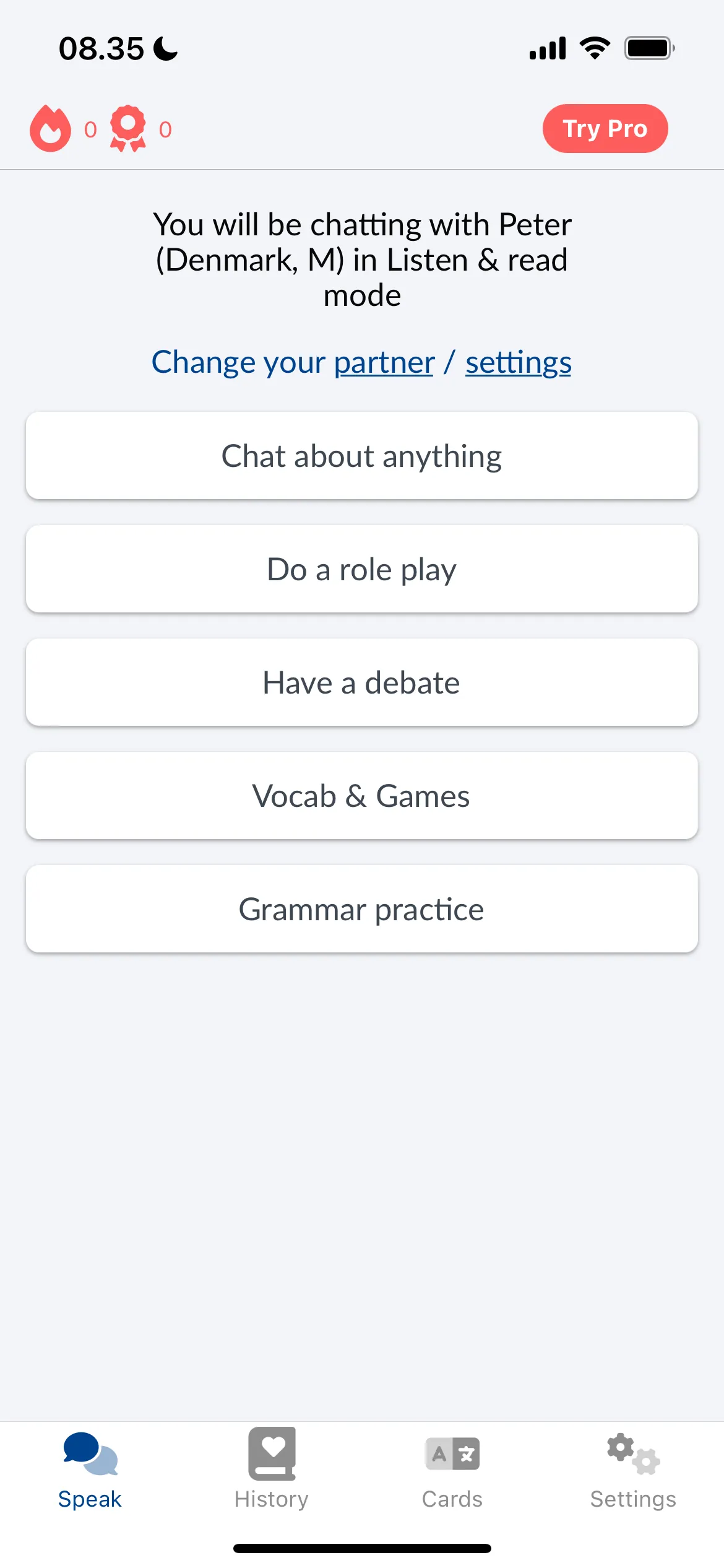 Giao diện chính của ứng dụng LanguaTalk trên iOS, hiển thị tùy chọn ngôn ngữ và cấp độ học cho người dùng.
