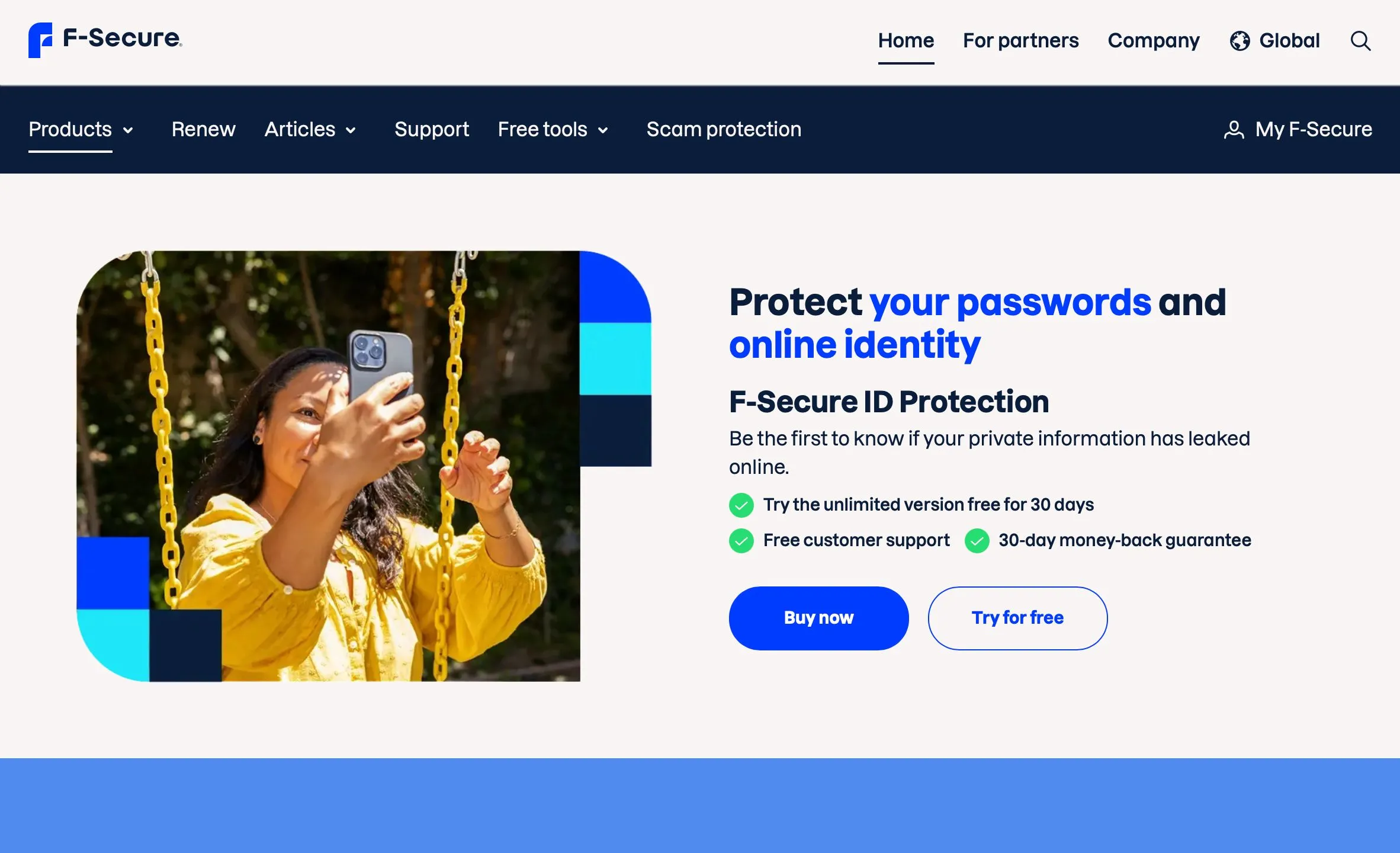 Giao diện chính dịch vụ bảo vệ danh tính F-Secure ID Protection với các tùy chọn giám sát dark web.