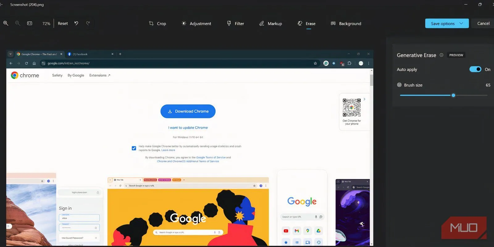 Giao diện chỉnh sửa ảnh với tùy chọn Generative Erase đang được chọn trong ứng dụng Ảnh