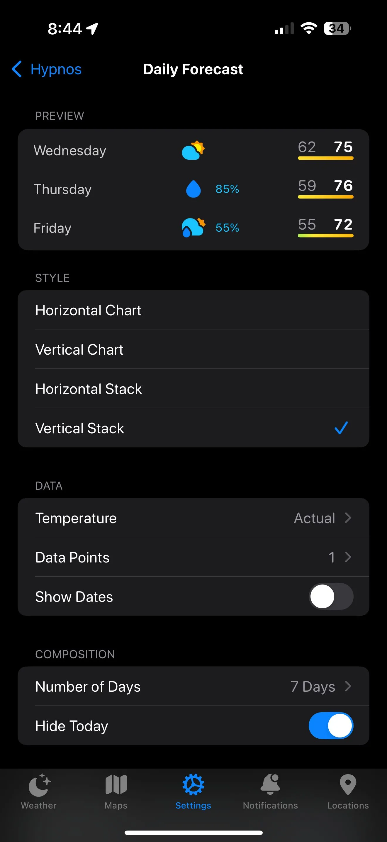Giao diện chỉnh sửa chi tiết các phần dữ liệu thời tiết trong Carrot Weather trên iPhone