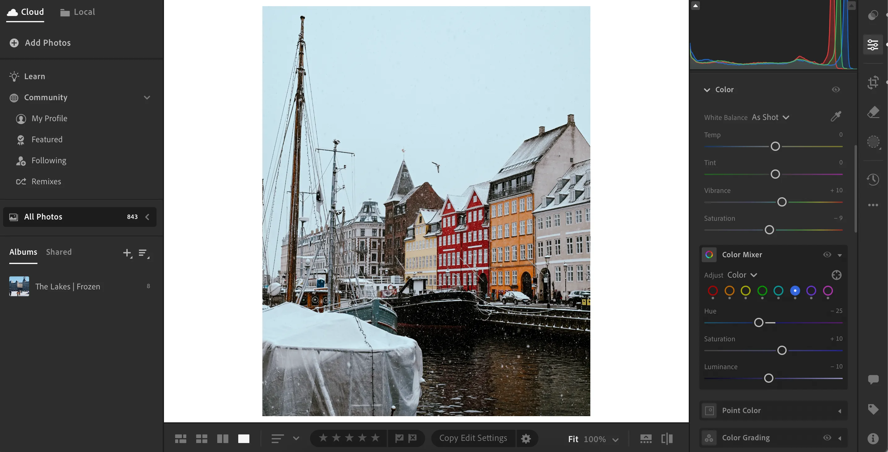 Giao diện chỉnh sửa file ảnh JPEG trong Adobe Lightroom, thể hiện khả năng tùy chỉnh linh hoạt