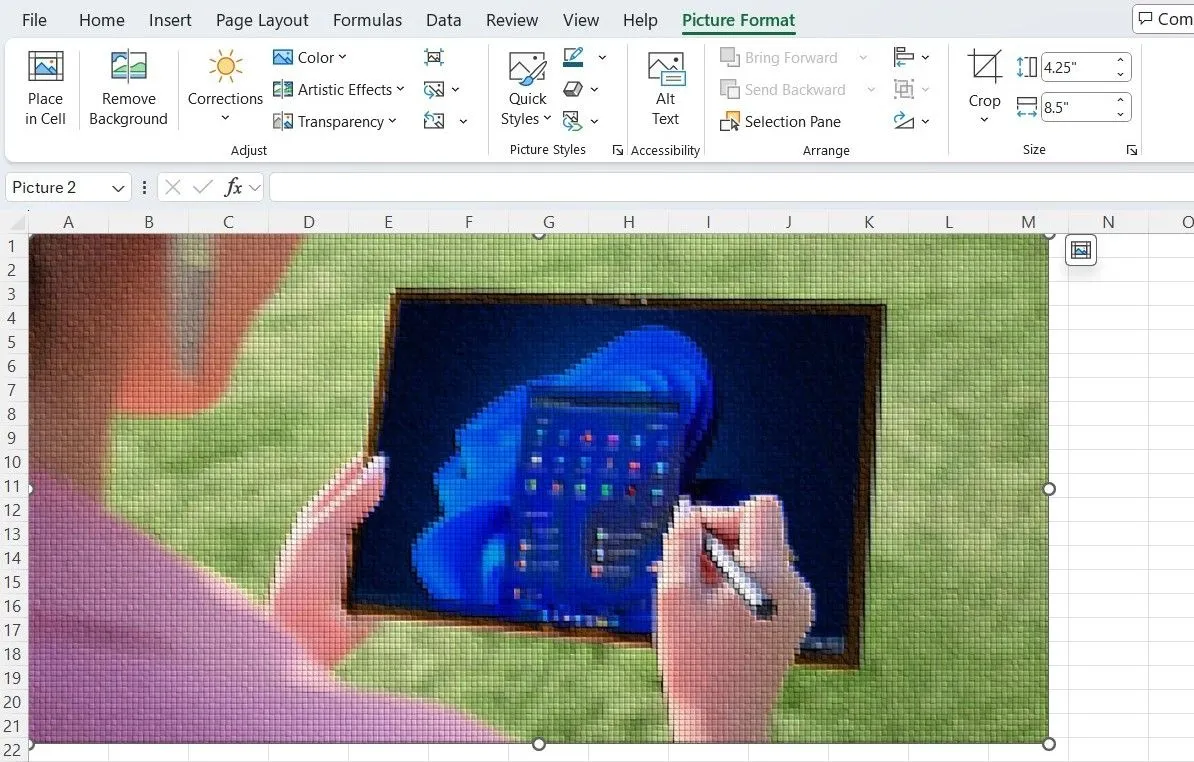 Giao diện chỉnh sửa hình ảnh nâng cao trong Microsoft Excel, hiển thị các tùy chọn định dạng ảnh.