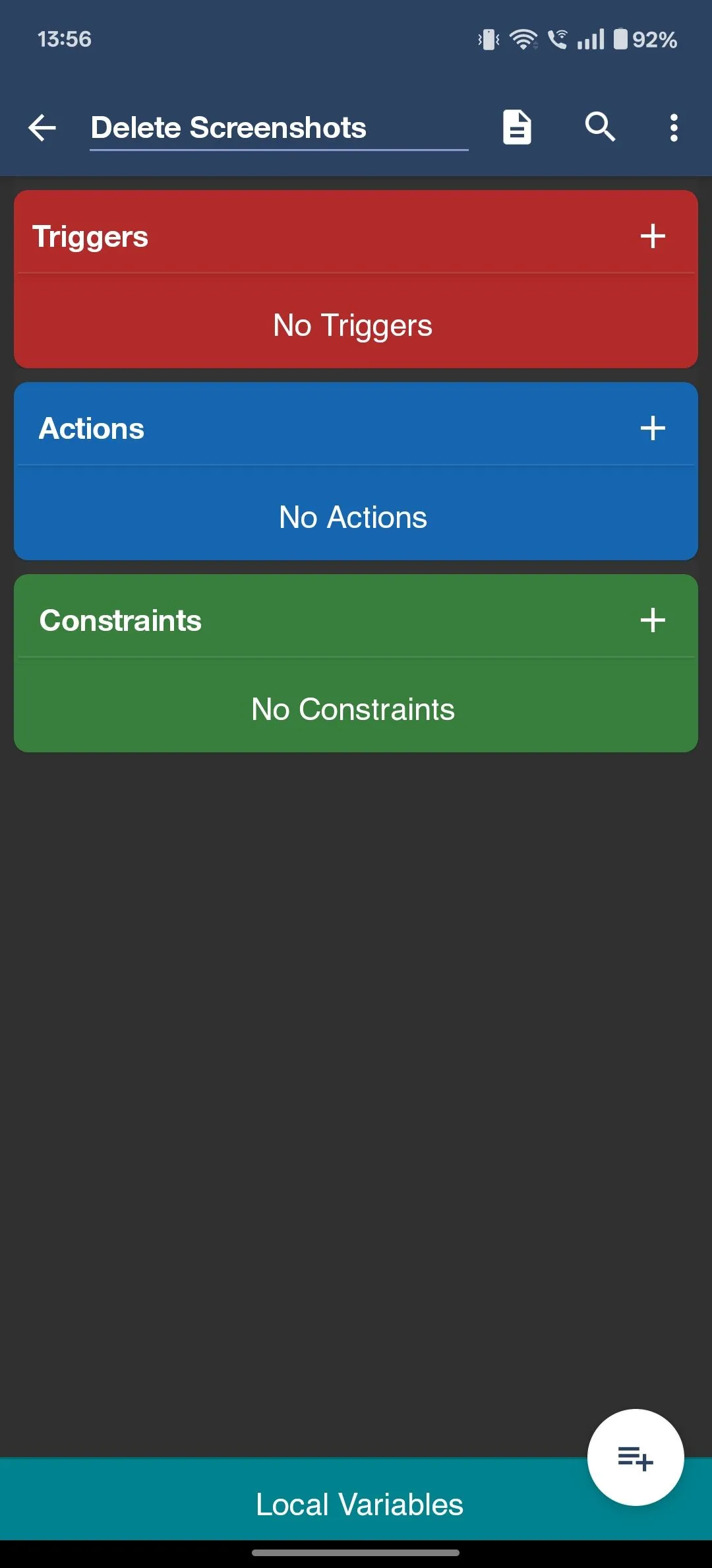 Giao diện chỉnh sửa macro mới trong MacroDroid, với các mục Triggers, Actions và Constraints.