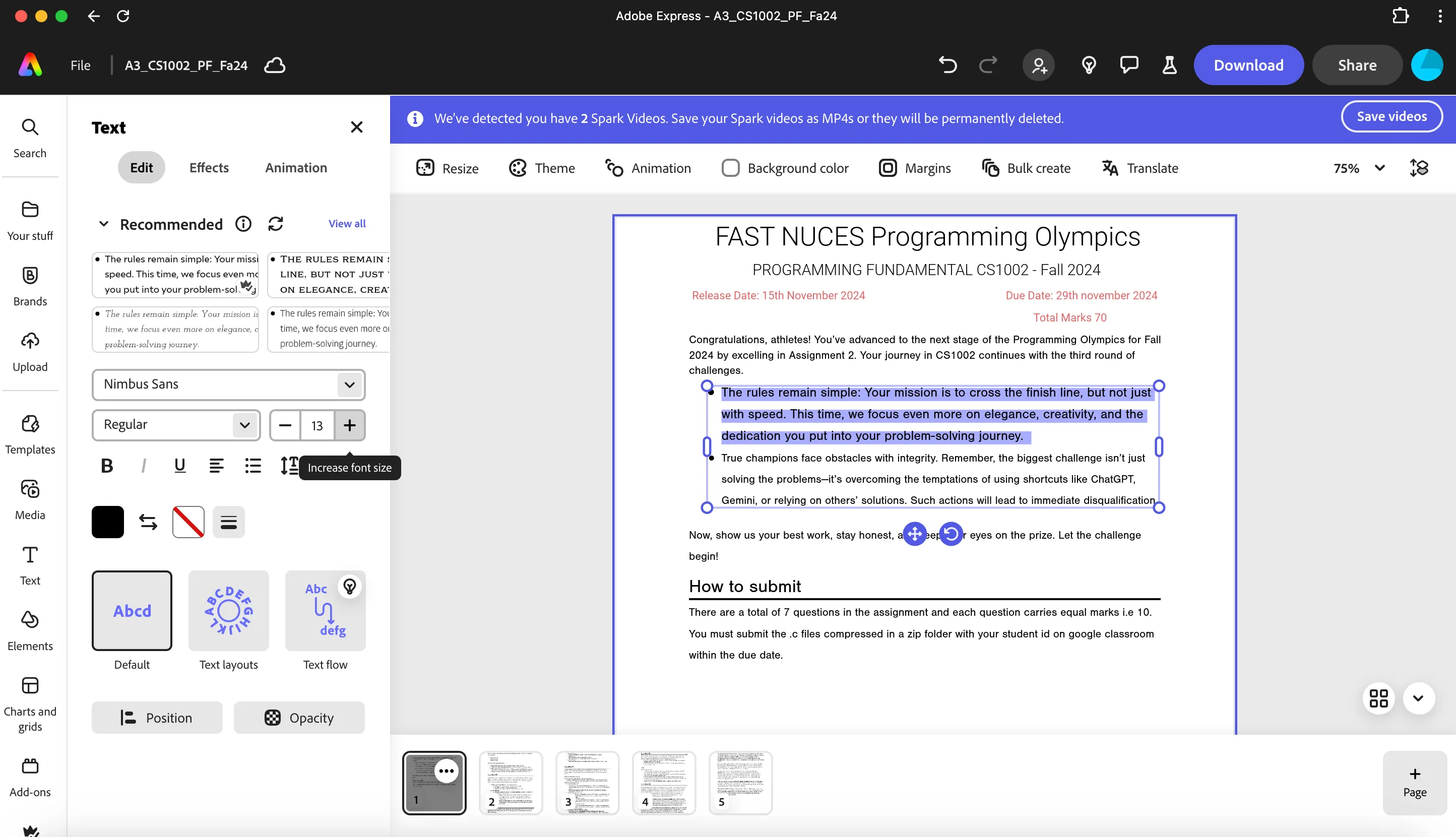 Giao diện chỉnh sửa nội dung file PDF trực tiếp trong Adobe Express
