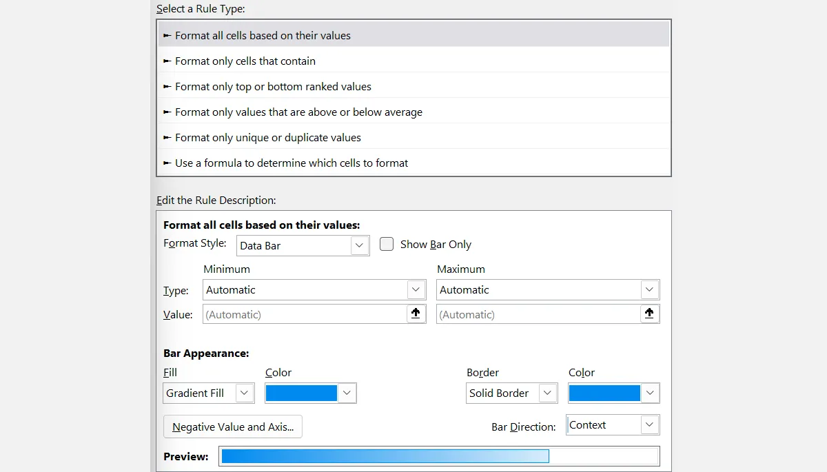 Giao diện chỉnh sửa quy tắc định dạng thanh dữ liệu (Data Bars) trong Microsoft Excel, hiển thị các tùy chọn tùy chỉnh