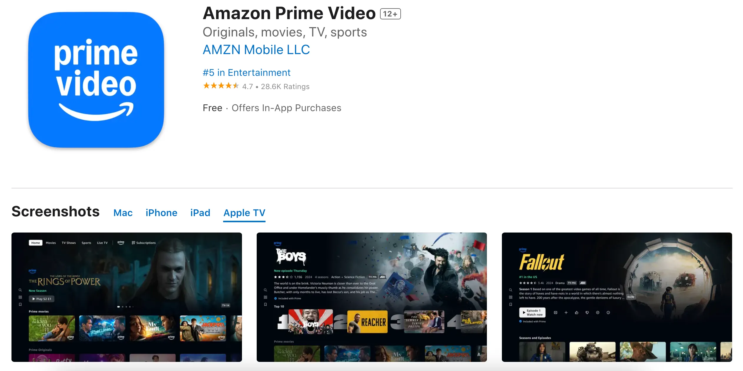 Giao diện chính ứng dụng Amazon Prime Video trên Apple TV sau bản cập nhật