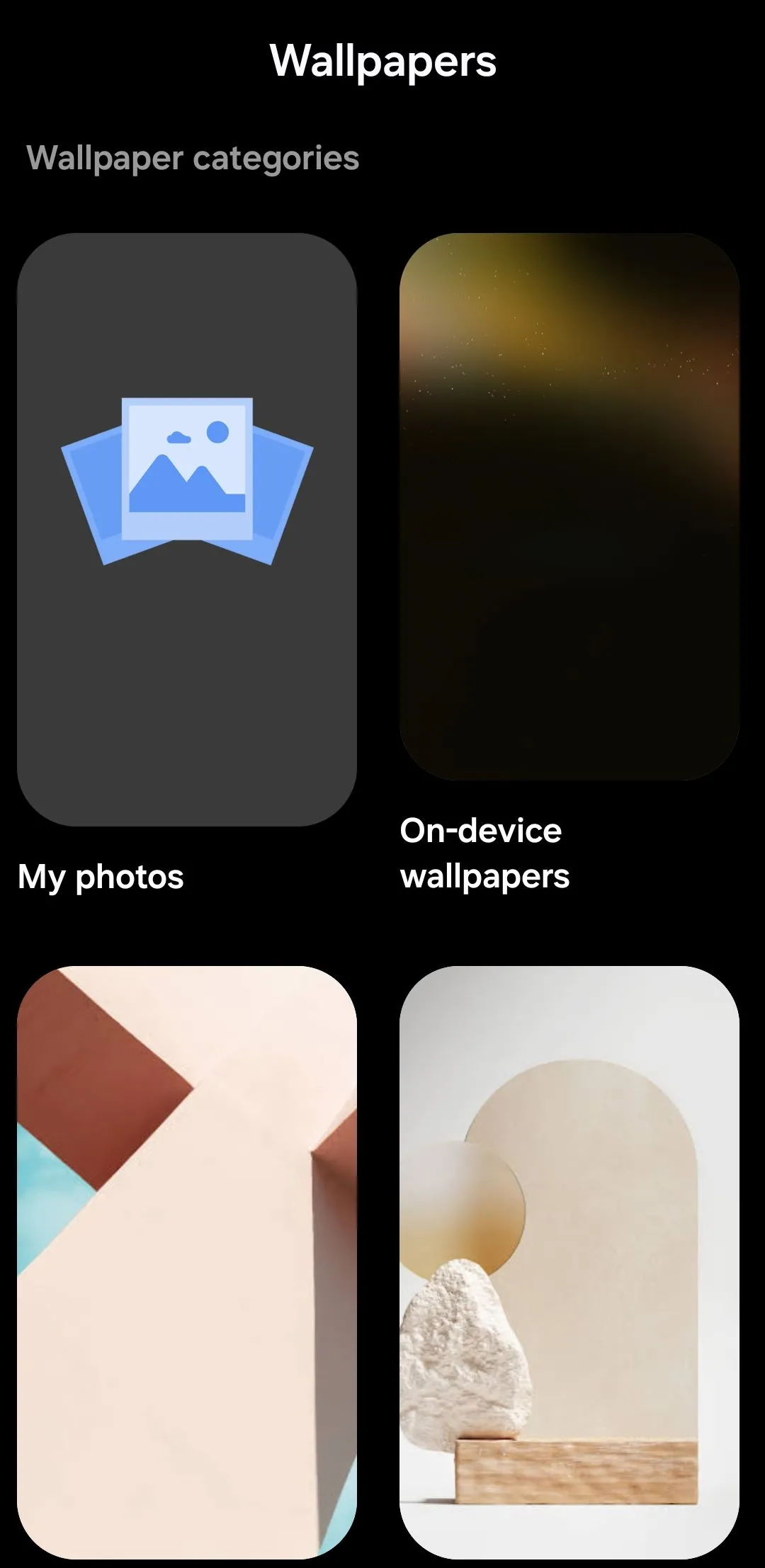 Giao diện chính ứng dụng Google Wallpapers trên thiết bị Android