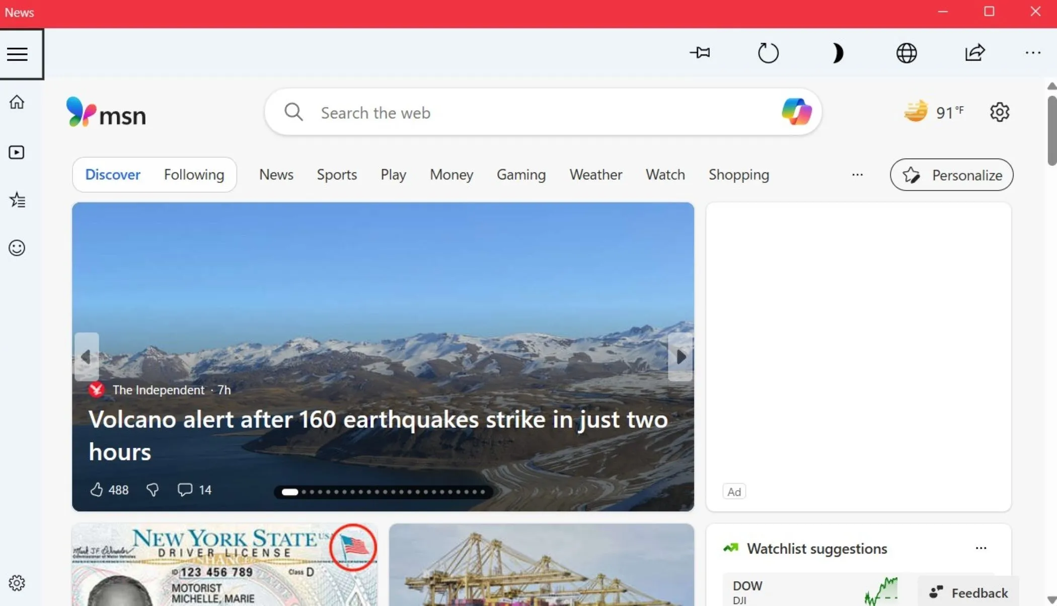 Giao diện chính ứng dụng Microsoft News