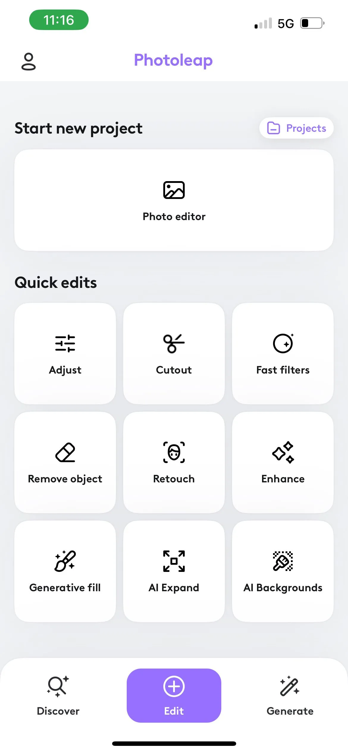 Giao diện chính ứng dụng Photoleap với các mục Discover, Edit, Generate