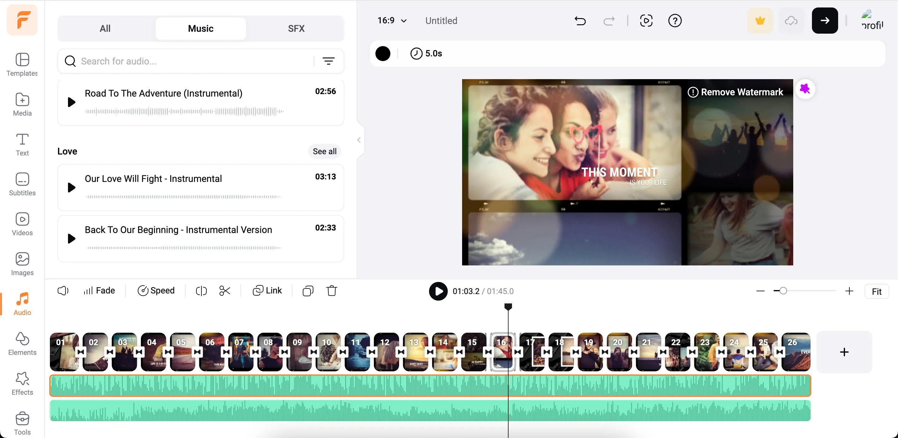 Giao diện chọn và thêm nhạc vào video trong FlexClip
