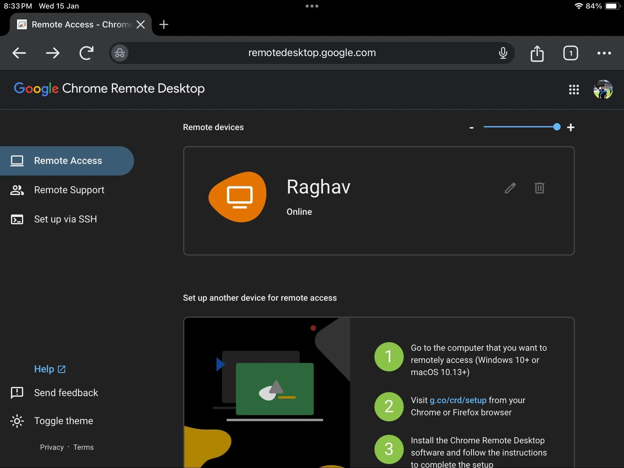 Giao diện Chrome Remote Desktop trên iPad hiển thị danh sách các máy tính PC đã được thiết lập để truy cập từ xa.