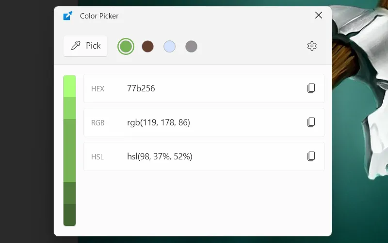 Giao diện công cụ Color Picker của PowerToys trên Windows, hiển thị bảng màu, các định dạng màu (HEX, RGB) và kính lúp để chọn màu chính xác từ màn hình.