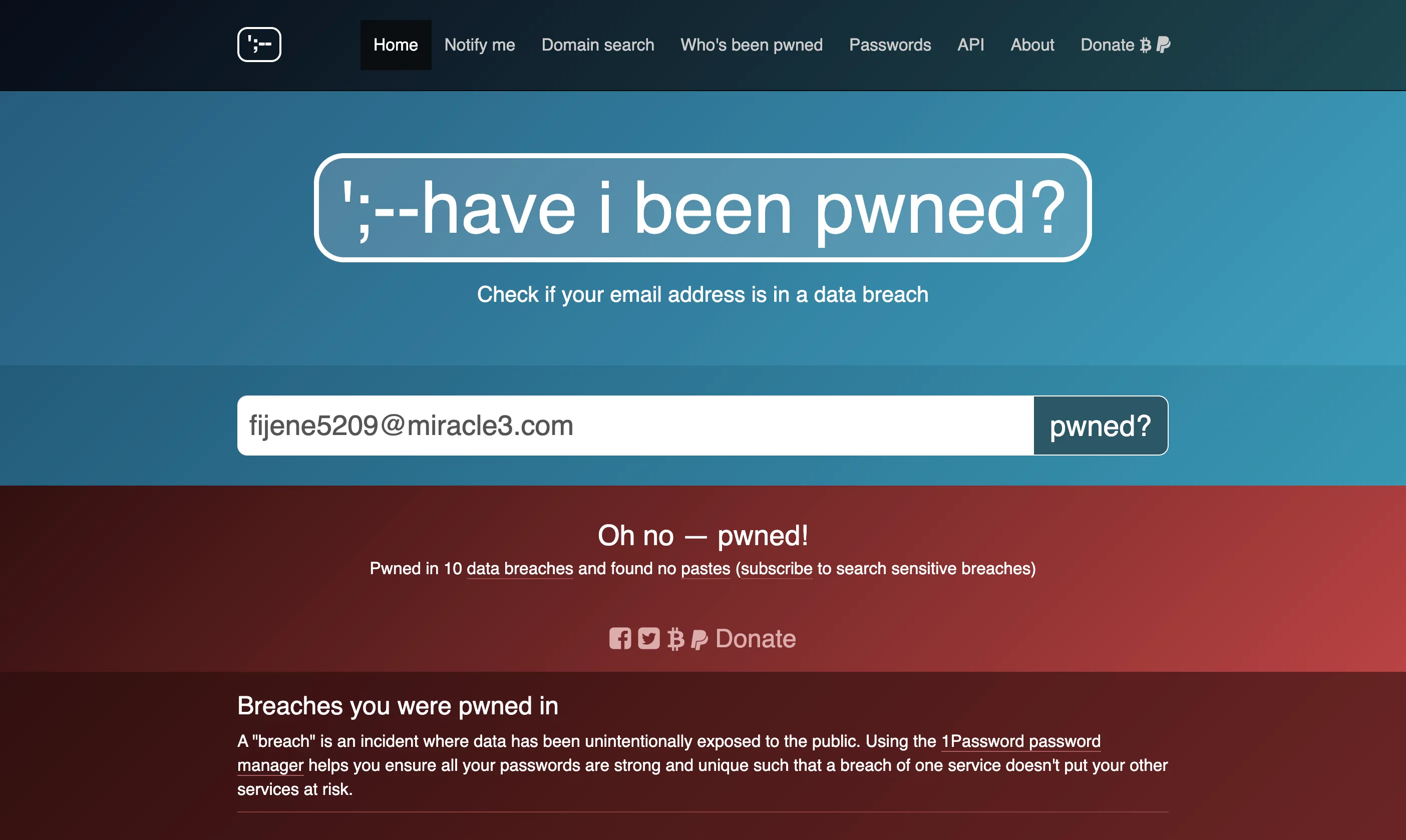 Giao diện công cụ Have I Been Pwned kiểm tra email bị rò rỉ dữ liệu