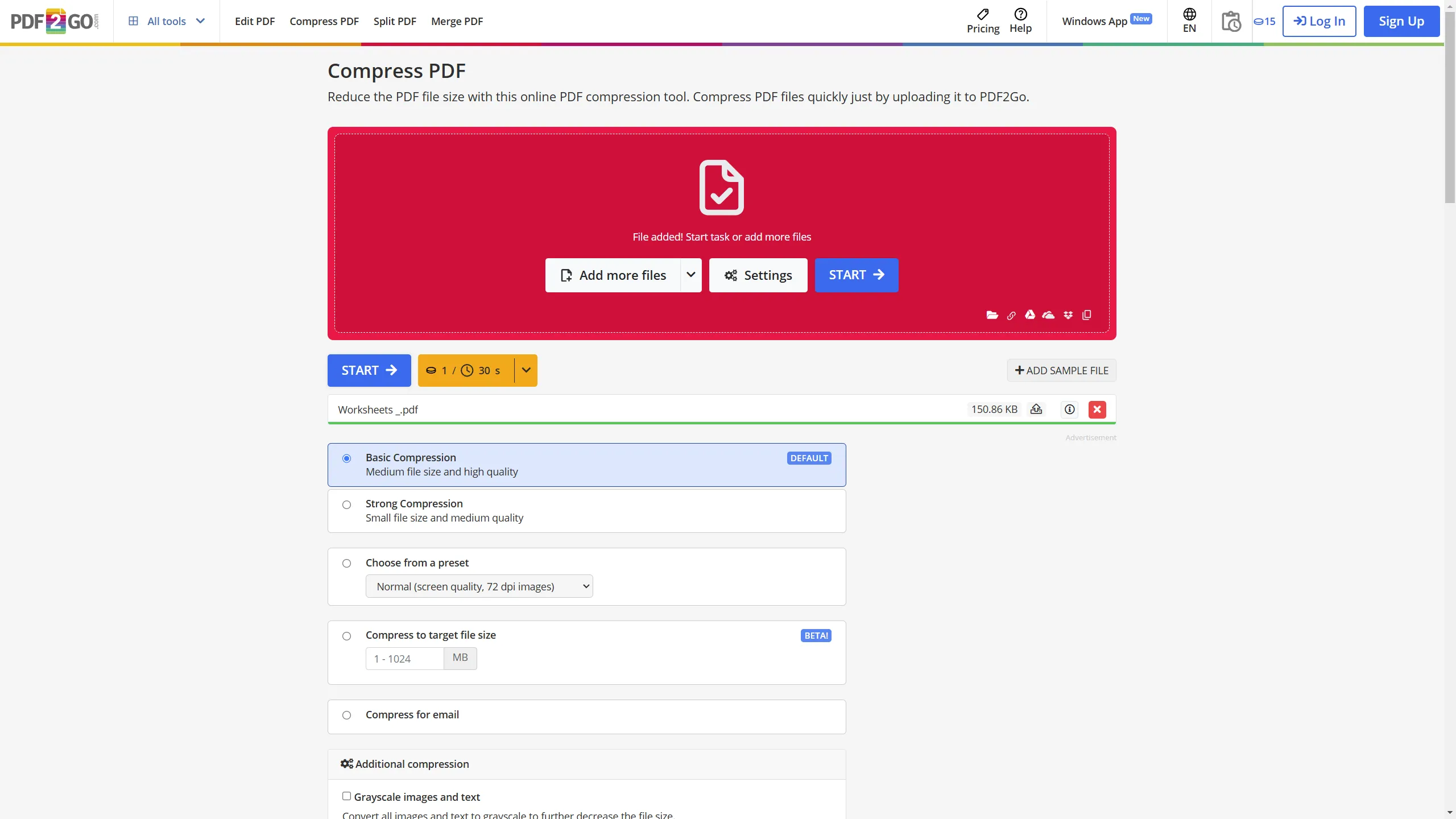 Giao diện công cụ nén PDF2Go với nhiều tùy chọn nén và cài đặt nâng cao