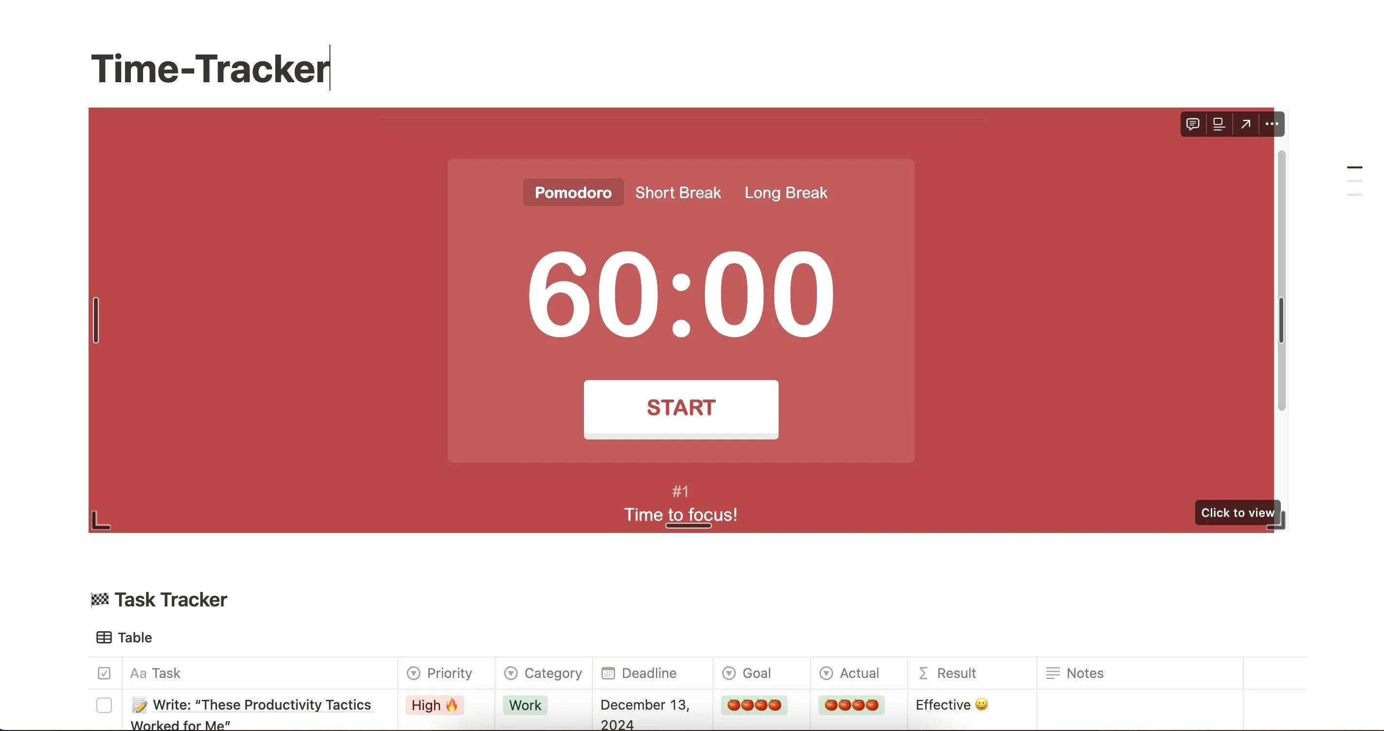 Giao diện công cụ theo dõi Pomodoro trên Notion với cài đặt 60 phút làm việc và 15 phút nghỉ ngơi, minh họa biến thể Pomodoro hiệu quả.