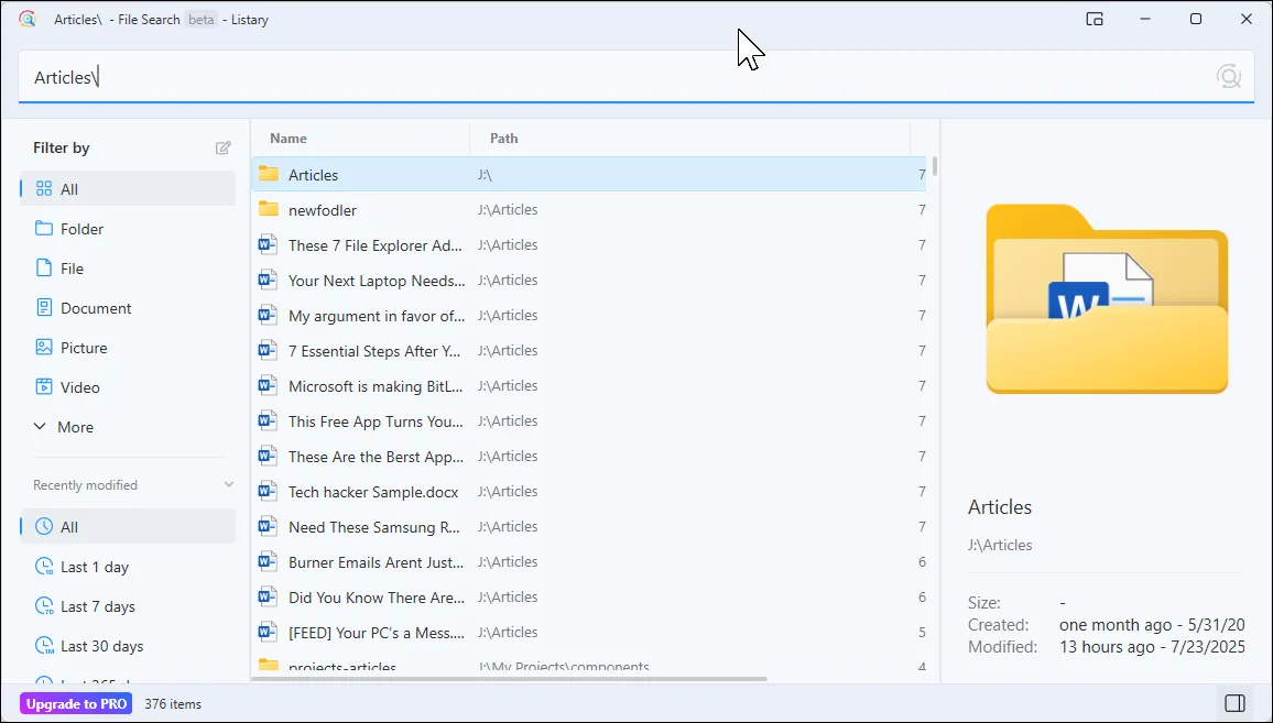 Giao diện cửa sổ tìm kiếm file Listary với các bộ lọc theo loại tài liệu, hình ảnh, video và ngày sửa đổi ở thanh bên