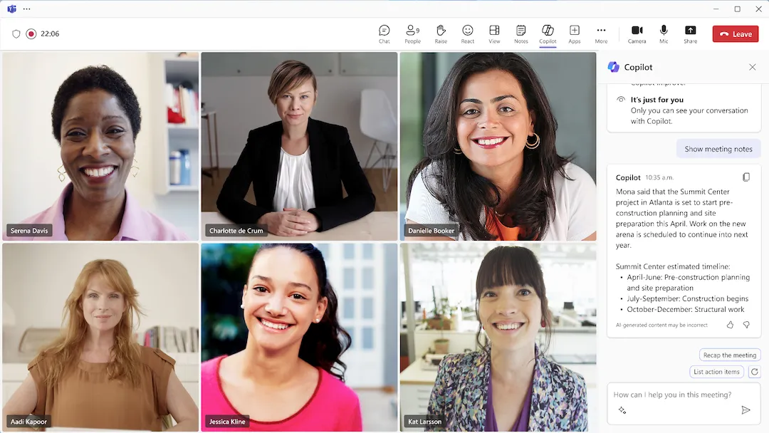 Giao diện cuộc họp Microsoft Teams tích hợp Copilot AI hiển thị các câu hỏi gợi ý tự động